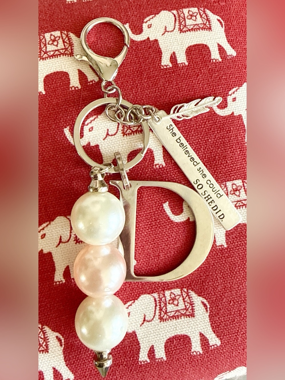 Pearl Initial D Bag Charm Keychain Quote Charm
